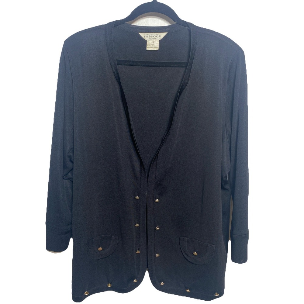 Misook Open Front Hammered Button Light Cardigan Sweater Black Women's 2XL